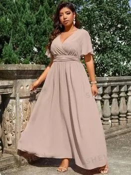 Belle Plus Size, Однотонное летнее элегантное платье с v-образным вырезом и перекрестными вырезами, рюшами и короткими рукавами, свадебное платье для гостей Shein, абрикосовый