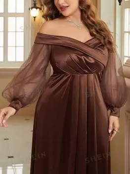Belle, Сексуальное вечернее платье А-силуэта с открытыми плечами, Женское вечернее платье больших размеров (стиль тяжелой индустрии) Shein, кофейно-коричневый