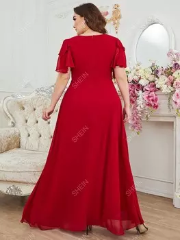 Belle Шифоновое платье больших размеров с рукавами-бабочками и оборками и отделкой до бедра Shein, красный