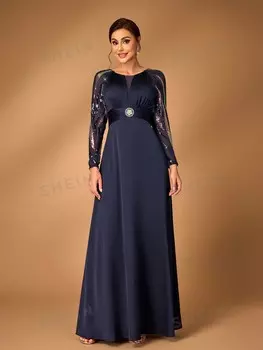 Belle Шифоновое платье с пайетками Элегантный Женский сапфирово-синий цвет, круглый вырез Shein, темно-синий