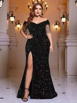 Belle Вечернее платье больших размеров для женщин, ослепительное, высокое, с разрезом сбоку (тяжелая работа) Shein, черный