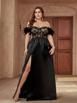 Belle Вечернее платье Черное сексуальное прозрачное кружево Смесовый атлас, свободные рукава, декор перьями, свободная струящаяся форма, элегантная, большой размер Shein, черный
