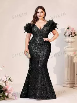 Belle Вечернее платье с длинной талией, элегантное и романтичное, украшенное пайетками и перьями. (сильно украшенная версия) Shein, черный