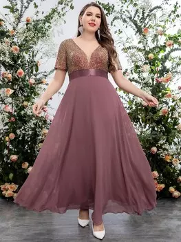 Belle Выпускное платье больших размеров, расшитое пайетками, глубокий вырез, шифон Shein, бордовый