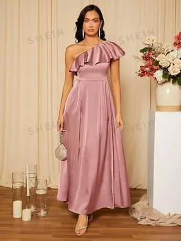 Belle, Женское длинное платье подружки невесты на одно плечо, однотонное вечернее бальное платье с рюшами и подолом для женщин Shein, пастельно-розовый