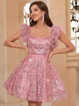 Belle Женское короткое коктейльное платье А-силуэта с пайетками, поясом и подолом Shein, розовый
