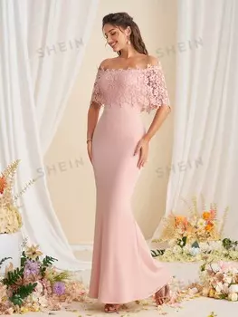 Belle Женское Модное кружевное платье подружки невесты с открытыми плечами и талией Shein, розовый
