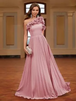 Belle Женское вечернее платье, плиссированное солнце, дизайн на одно плечо, наклейка ручной работы с 3D-цветком Shein, пастельно-розовый