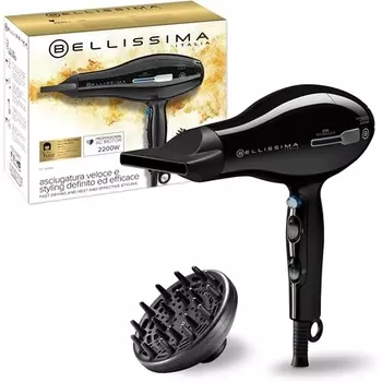 Bellissima P2 2200 Профессиональный фен мощностью 2200 Вт с ионной технологией для баланса влаги и уменьшения вьющихся волос 8 настроек вентилятора и температуры Узкая насадка для укладки, Imetec
