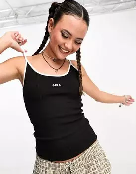 Бело-черная футболка без рукавов в рубчик с логотипом JJXX
