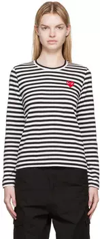 Бело-черная футболка с длинным рукавом с нашивкой в виде сердца Comme des Garons Play