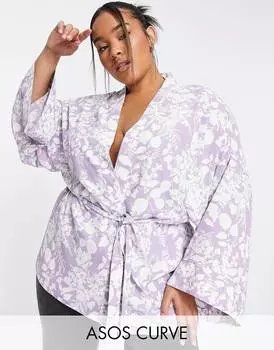Бело-фиолетовое кимоно с цветочным принтом ASOS DESIGN Curve