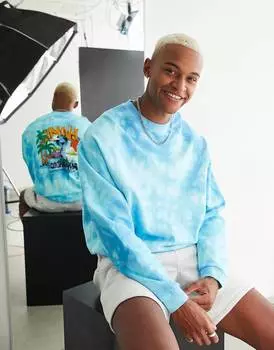 Бело-голубая толстовка оверсайз с мультяшным принтом на спине ASOS DESIGN