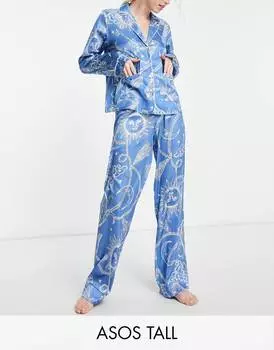 Бело-голубой комплект из атласной рубашки и брюк в стиле барокко ASOS DESIGN Tall