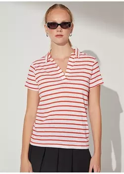 Бело-красная женская футболка с круглым вырезом в полоску Fabrika