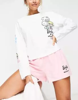 Бело-розовая футболка с длинными рукавами и короткими шортами ASOS DESIGN Barbie x Hello Kitty