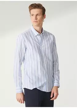 Бело-синяя мужская рубашка с воротником на пуговицах Slim Fit Beymen Business