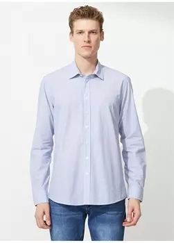 Бело-синяя мужская рубашка с воротником на пуговицах Slim Fit Beymen Business