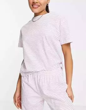 Бело-сиреневая хлопковая пижамная футболка в полоску ASOS - MULTI