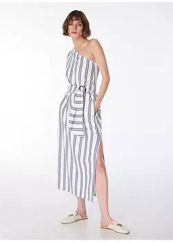 Бело-темно-синее женское платье свободного кроя на одно плечо F4SL-ELB0134 Fabrika, темно-синий