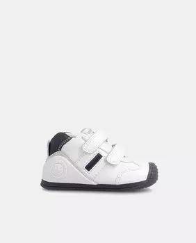 Бело-темно-синие кожаные низкие кроссовки для маленьких мальчиков с усиленным носком и двойной застежкой-липучкой Biomecanics, белый