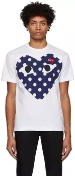 Бело-темно-синяя футболка в горошек с большим сердечком Comme des Garçons Play
