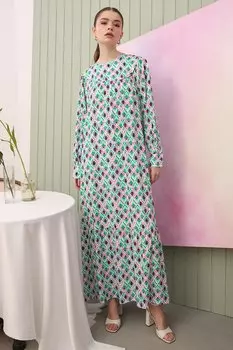 Бело-зеленое платье из вискозы со сборками, юбкой с оборками и принтом ALL DAY