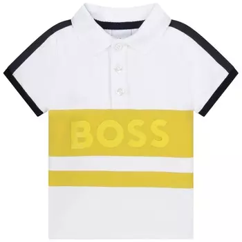 Бело-желтая футболка-поло с логотипом и цветными блоками BOSS, белый