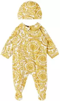 Бело-желтое боди и шапка Barocco для малышей Versace