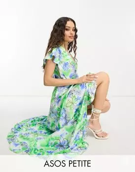 Белое атласное платье макси с запахом и оборками ASOS DESIGN Petite