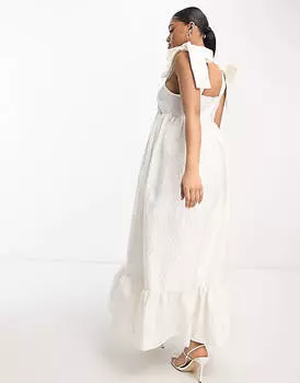 Белое эксклюзивное многоярусное жаккардовое платье макси Pieces Bride To Be с объемными рукавами-комбинацией с бантом