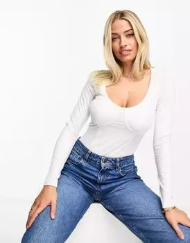 Белое боди в рубчик с длинными рукавами и отрезным вырезом ASOS
