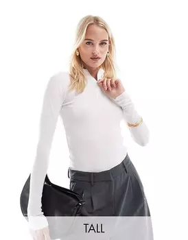 Белое боди в рубчик с длинными рукавами, высоким воротником и воротником-молнией Threadbare Tall