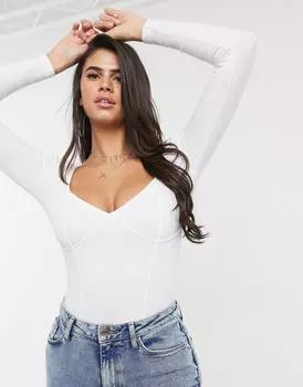 Белое боди в рубчик со швами на груди и длинными рукавами ASOS DESIGN