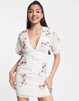 Белое чайное мини-платье с поп-цветочной вышивкой ASOS DESIGN ASOS DESIGN
