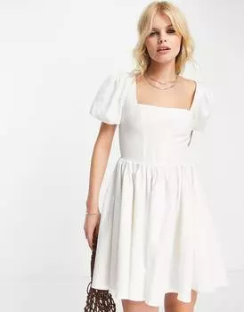 Белое корсетное льняное платье мини с пышными рукавами ASOS DESIGN