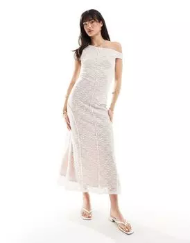 Белое кружевное платье миди со швами и спущенными плечами ASOS DESIGN