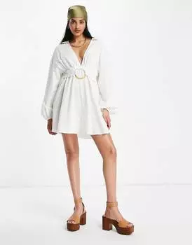 Белое льняное платье мини с глубоким вырезом и кольцом ASOS DESIGN