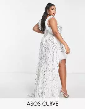 Белое мини-платье с искусственными перьями и шлейфом ASOS LUXE Wedding Curve, украшенное драгоценными камнями