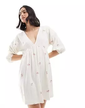Белое мини-платье с v-образным вырезом и присборенной талией ASOS DESIGN, короткими рукавами и вышивкой