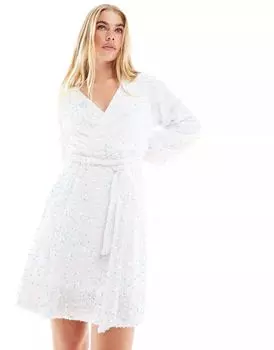 Белое мини-платье с запахом и пайетками Pieces