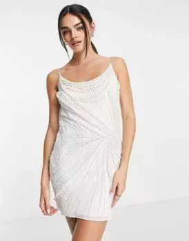 Белое платье-комбинация на бретелях с завитками и жемчужинами ASOS DESIGN