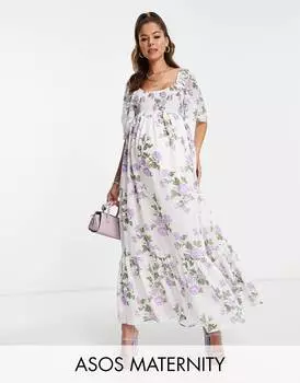 Белое платье макси с круглым вырезом и необработанным краем ASOS DESIGN Maternity с фиолетовым цветочным принтом ASOS DESIGN Maternity