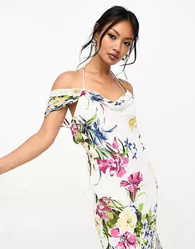 Белое платье макси с открытыми плечами и бретелями ASOS DESIGN с цветочным принтом на основе ASOS DESIGN