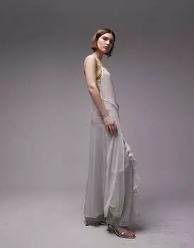 Белое платье макси с прозрачными оборками Topshop
