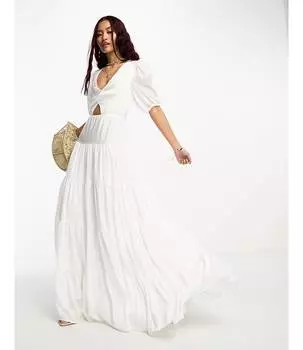 Белое платье макси с вырезами и рукавами-фонариками Style Cheat