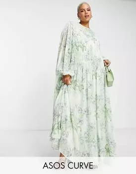 Белое платье макси со сборками и цветочным принтом ASOS EDITION Curve
