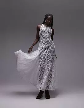 Белое платье миди из прозрачного кружева с объемным подолом Topshop