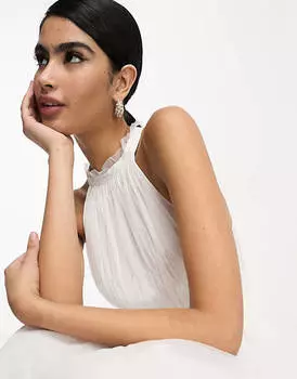 Белое платье миди из тюля с вырезом халтер и ярусной юбкой Vila Bridal