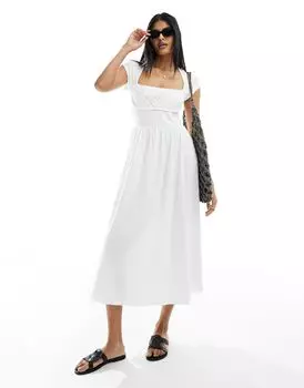 Белое платье миди с квадратным вырезом, лифом и сборками на груди ASOS DESIGN
